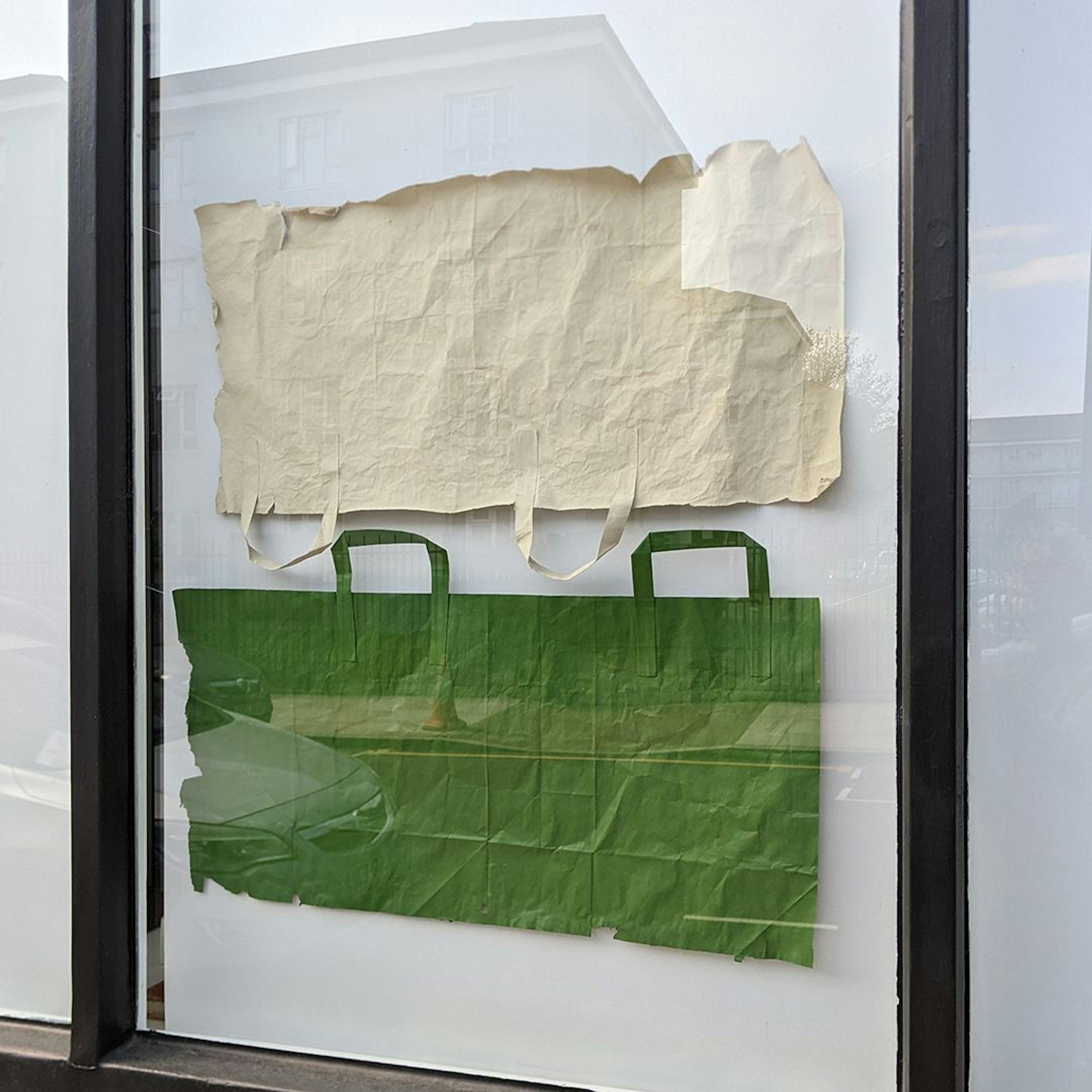 Lucy Gunning, Backgrounds: Green, 2023. Window installation view No Show Space.